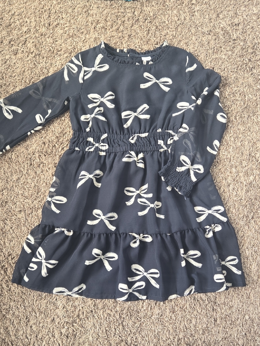 Girls' Black Bow Print Long-Sleeve Dress